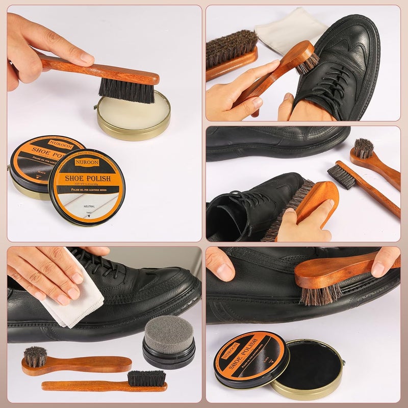 NBUOON 13Pcs Shoe Care Kit for Men & Women,3 Horsehair Shoe Polish Brush,Black Brown Neutral Mink Oil for Shoes,Care for Leather Boots, Shoe Cleaning Kit as Gift for Men with Shine Sponges & Care Cloth - Image 2